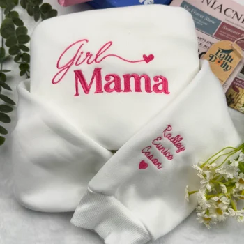 Girl Mama Embroidered T-Shirt with Kids’ Names – Custom Sweatshirt, Personalized Mother’s Day Gift