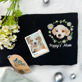 Gift for Dog Lovers – Personalized Dog Photo Embroidery Sweatshirt with Flowers, Custom Pet Portrait Shirt