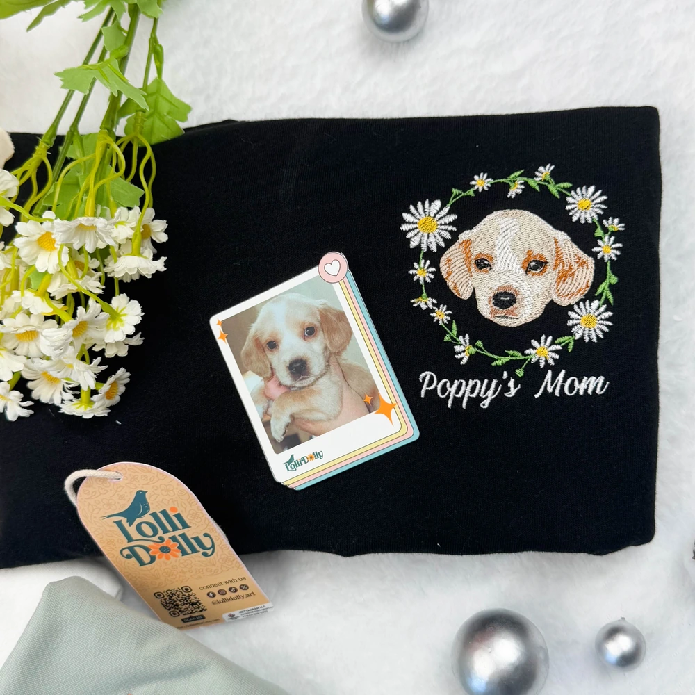 gift for dog lovers personalized dog photo embroidery sweatshirt with flowers cu 1 Gift for Dog Lovers – Personalized Dog Photo Embroidery Sweatshirt with Flowers, Custom Pet Portrait Shirt