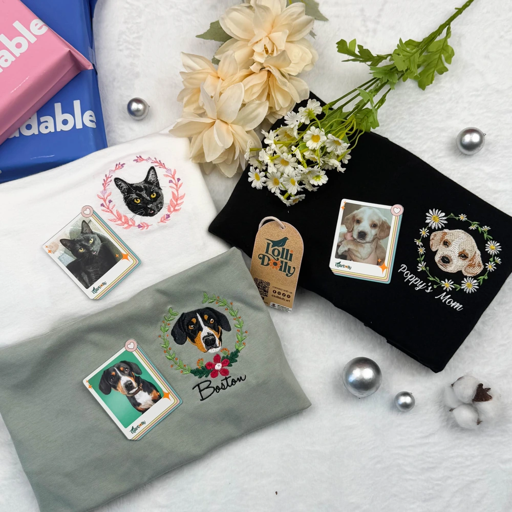 gift for dog lovers personalized dog photo embroidery sweatshirt with flowers cu 4 Gift for Dog Lovers – Personalized Dog Photo Embroidery Sweatshirt with Flowers, Custom Pet Portrait Shirt - Image 4