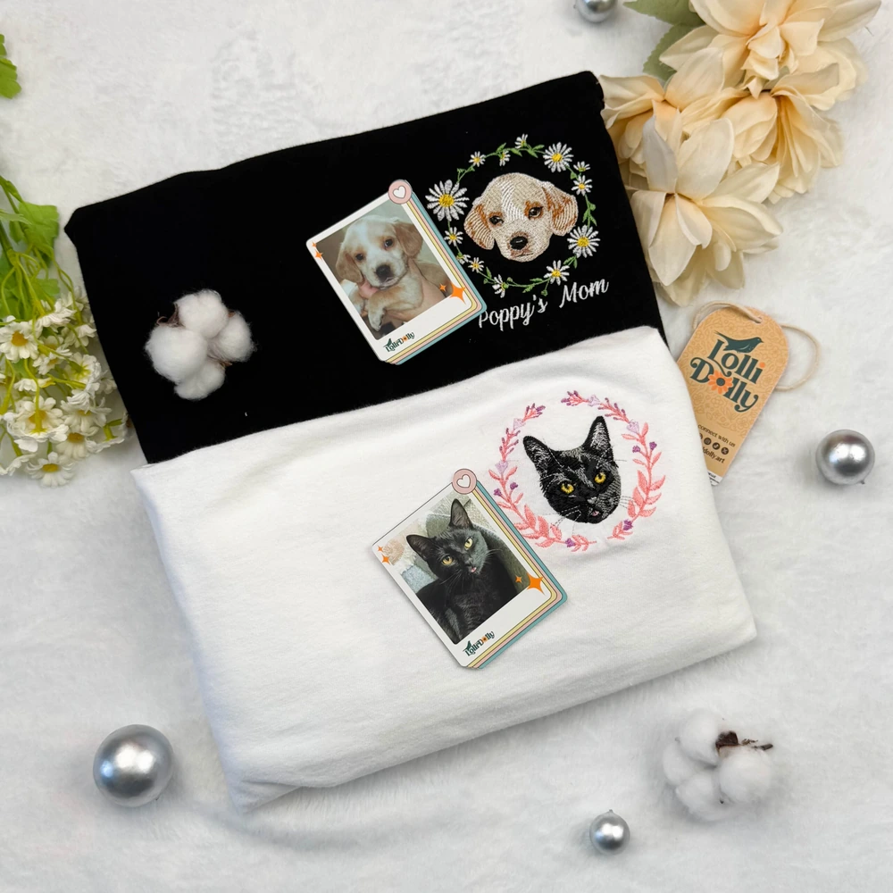gift for dog lovers personalized dog photo embroidery sweatshirt with flowers cu 5 Gift for Dog Lovers – Personalized Dog Photo Embroidery Sweatshirt with Flowers, Custom Pet Portrait Shirt - Image 5