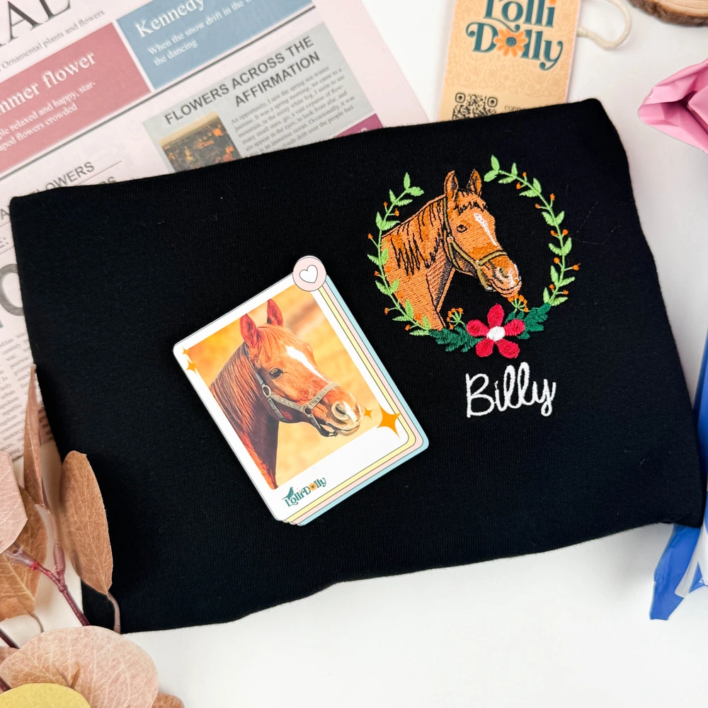 left chest floral horse embroidered portrait from photo shirt horse lover hoodie 2 Left Chest Floral Horse Embroidered Portrait from Photo Shirt, Horse Lover Hoodie, Gift For Horse Girls - Image 2