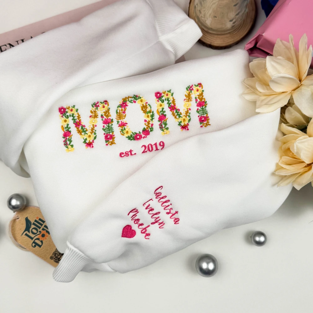 gift for mom custom floral mama embroidered sweatshirt personalized crewneck wit 2 Gift for Mom – Custom Floral Mama Embroidered Sweatshirt, Personalized Crewneck with Kids’ Names - Image 2