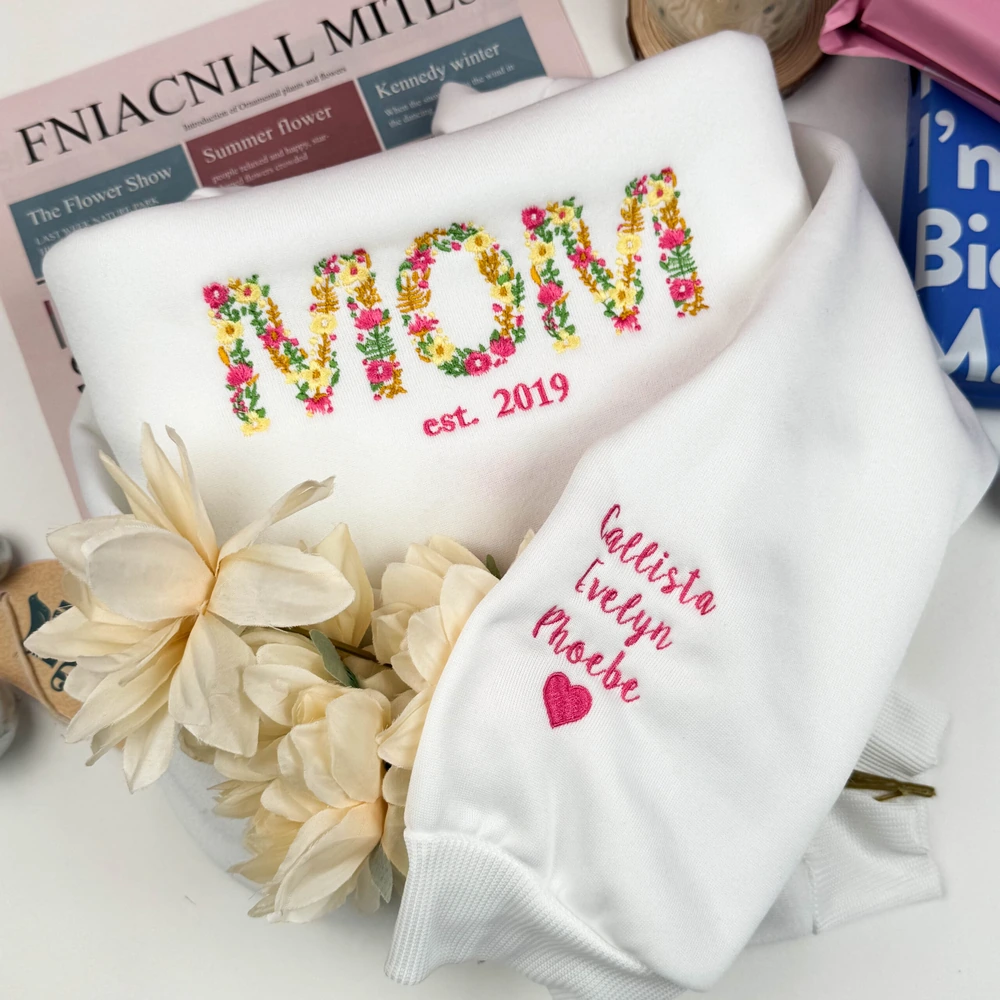 gift for mom custom floral mama embroidered sweatshirt personalized crewneck wit 3 Gift for Mom – Custom Floral Mama Embroidered Sweatshirt, Personalized Crewneck with Kids’ Names - Image 3