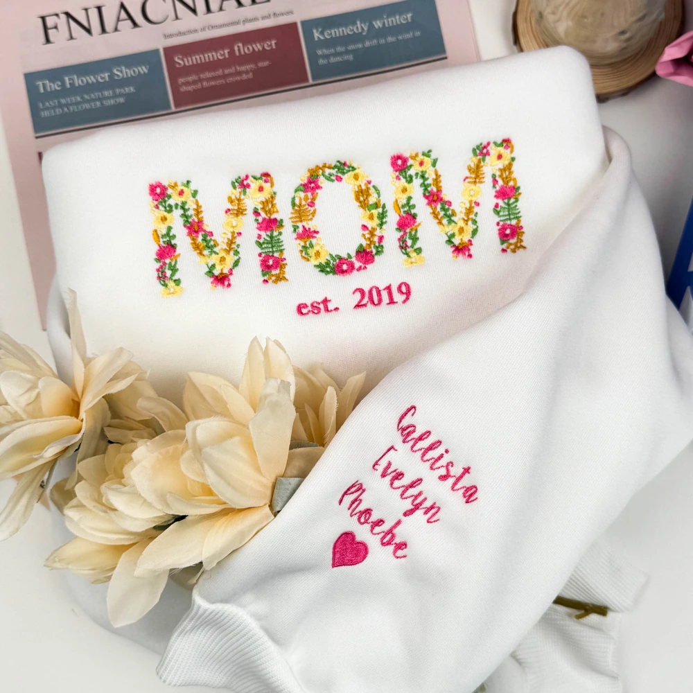 gift for mom custom floral mama embroidered sweatshirt personalized crewneck wit 4 Gift for Mom – Custom Floral Mama Embroidered Sweatshirt, Personalized Crewneck with Kids’ Names - Image 4
