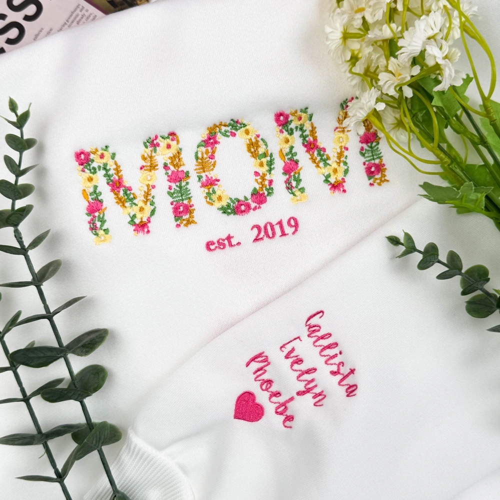 gift for mom custom floral mama embroidered sweatshirt personalized crewneck wit 5 Gift for Mom – Custom Floral Mama Embroidered Sweatshirt, Personalized Crewneck with Kids’ Names - Image 5