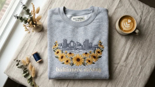 Flat lay of a heather grey custom baltimore embroidered sweatshirt with skyline and black-eyed susans.