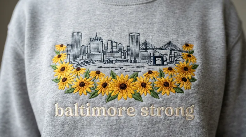 Close up of Black-Eyed Susan embroidery details on the Baltimore Strong sweatshirt