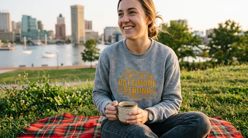 Lifestyle shot of someone wearing the custom Baltimore Strong embroidered apparel