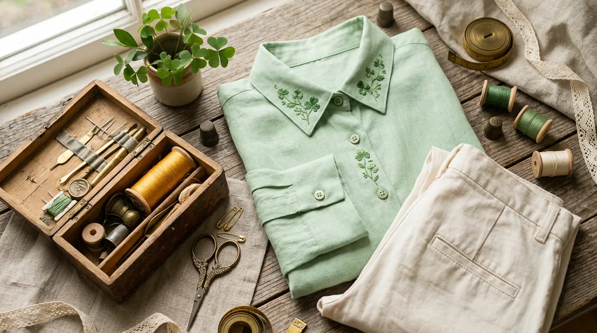 Flat lay of a beautifully embroidered St. Patrick's Day outfit with a sewing kit.