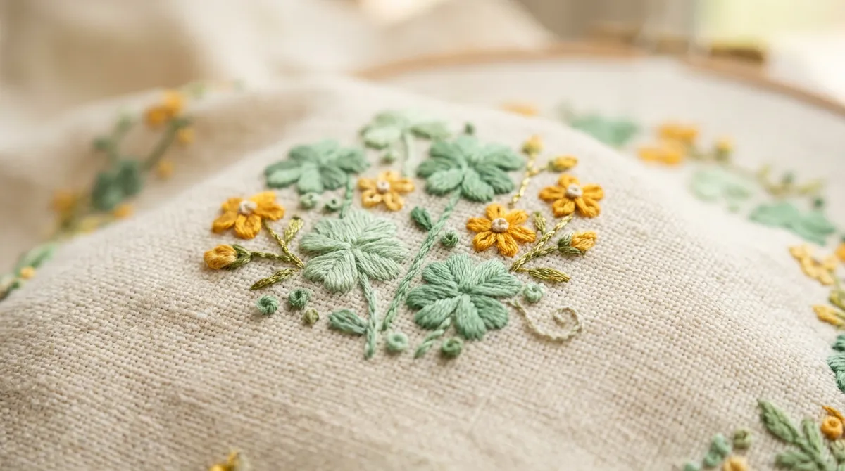 Close up of custom embroidered shirts featuring subtle green designs