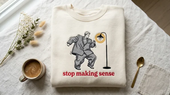 Flat lay of a cream embroidered sweatshirt featuring a david byrne big suit design with stop making sense text.