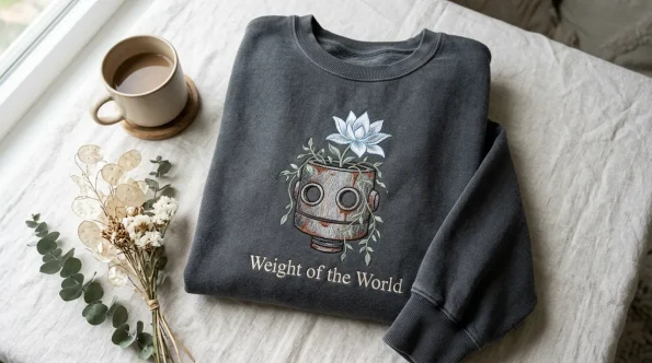 Flat lay of a cozy faded charcoal sweatshirt featuring a NieR Automata machine and Lunar Tear embroidery design.