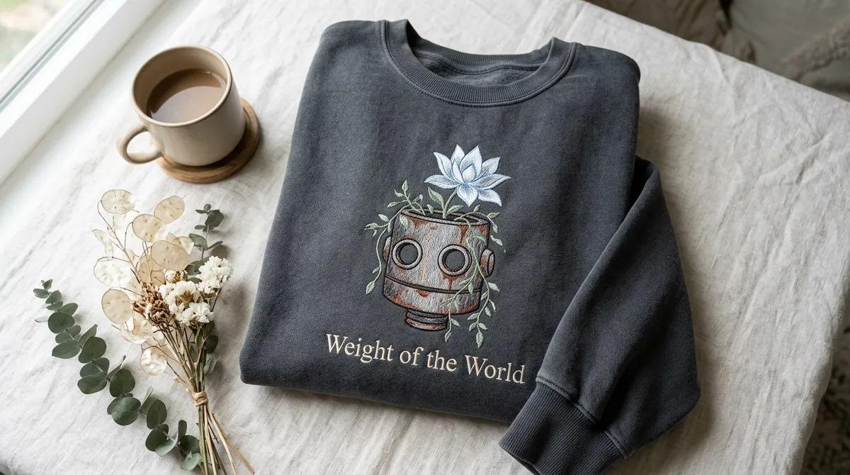 Flat lay of a cozy faded charcoal sweatshirt featuring a NieR Automata machine and Lunar Tear embroidery design.