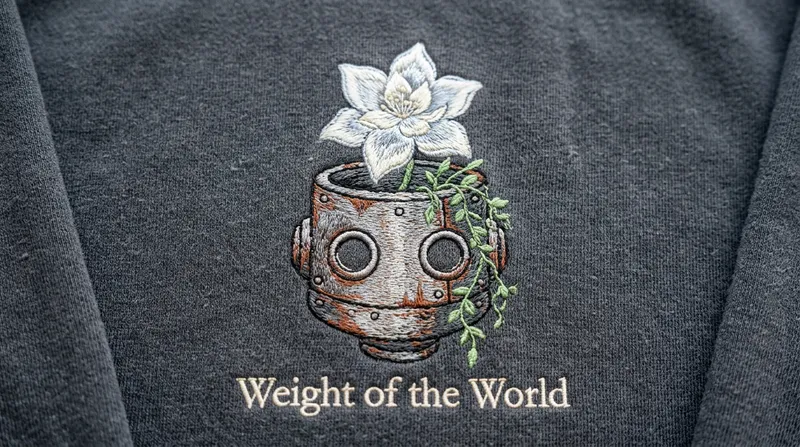 Close-up of the embroidered Machine Lifeform head with a Lunar Tear flower sprouting from it