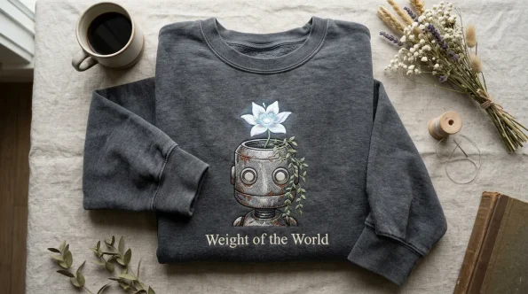 Flat lay of a faded charcoal grey Nier Automata embroidered sweatshirt featuring a Machine Lifeform and Lunar Tear.