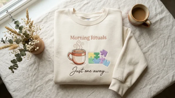 Flat lay of a cozy cream embroidered sweatshirt perfect for reading nyt connections hints with morning coffee.