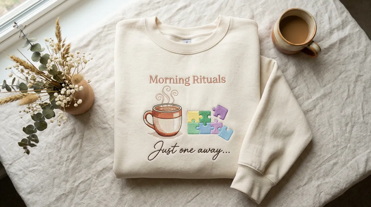 Flat lay of a cozy cream embroidered sweatshirt perfect for reading nyt connections hints with morning coffee.