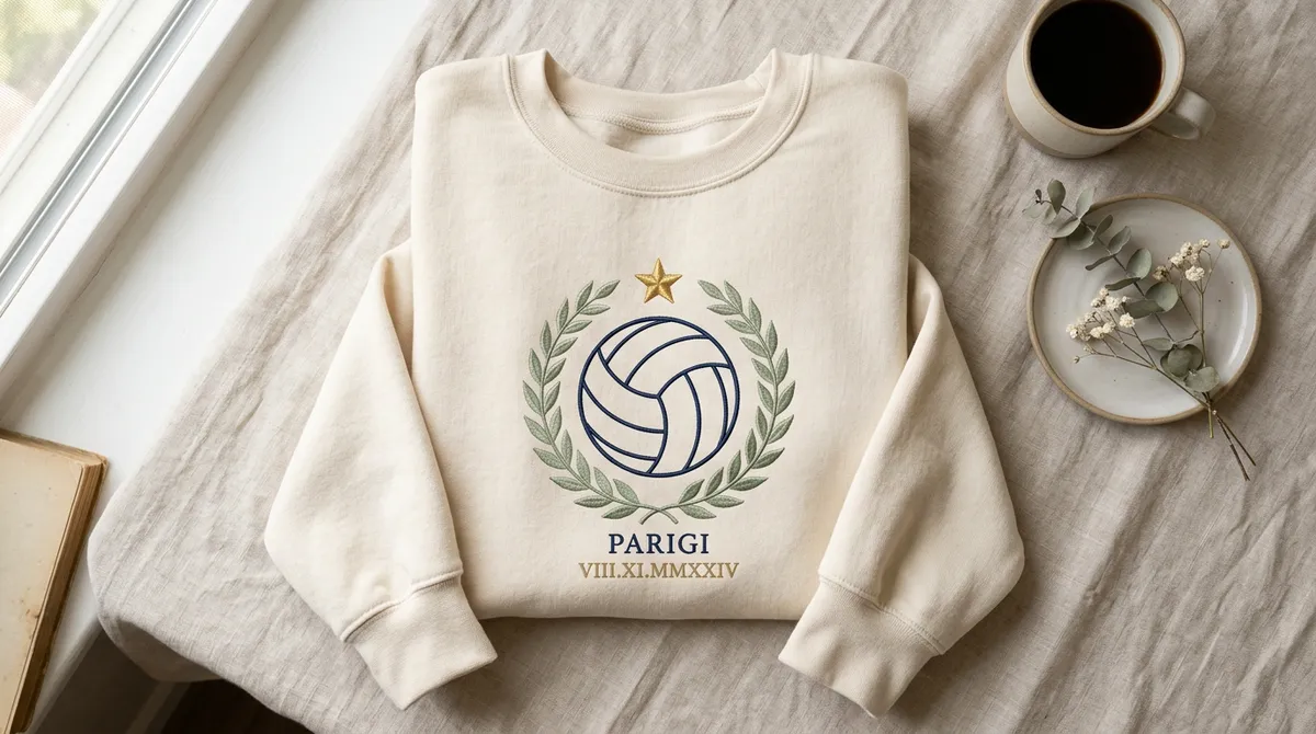 Flat lay of a cream embroidered sweatshirt celebrating the USA vs Italy volleyball final.