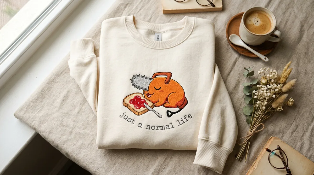 Cream embroidered sweatshirt featuring a sleeping Pochita from Chainsaw Man, cozy aesthetic flat lay photography.