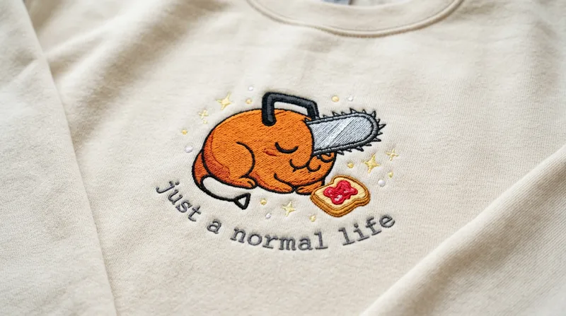 Close-up of the Pochita's Dream embroidery design on a sweatshirt chest