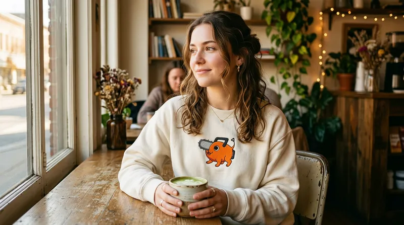 Detail shot showing the metallic silver thread of the chainsaw blade and the tangerine orange thread of Pochita