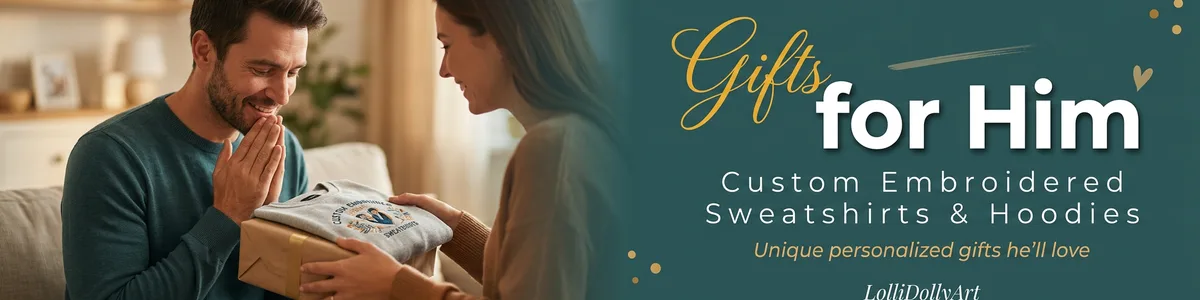 Shop custom embroidered gifts for him, featuring personalized dad shirts, grandpa sweaters, and unique couples apparel.