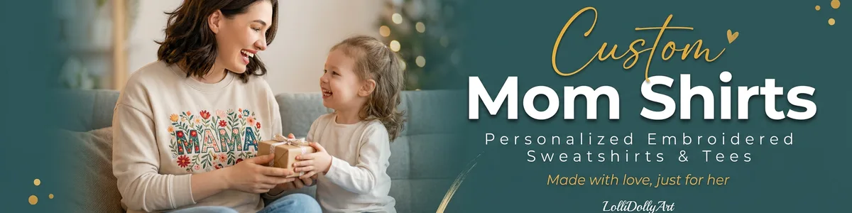 Custom embroidered mom shirts and personalized mama sweatshirts featuring kids names and unique portraits.