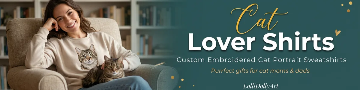Custom cat embroidered sweatshirts featuring personalized pet portraits from your photo. Unique gifts for cat lovers.