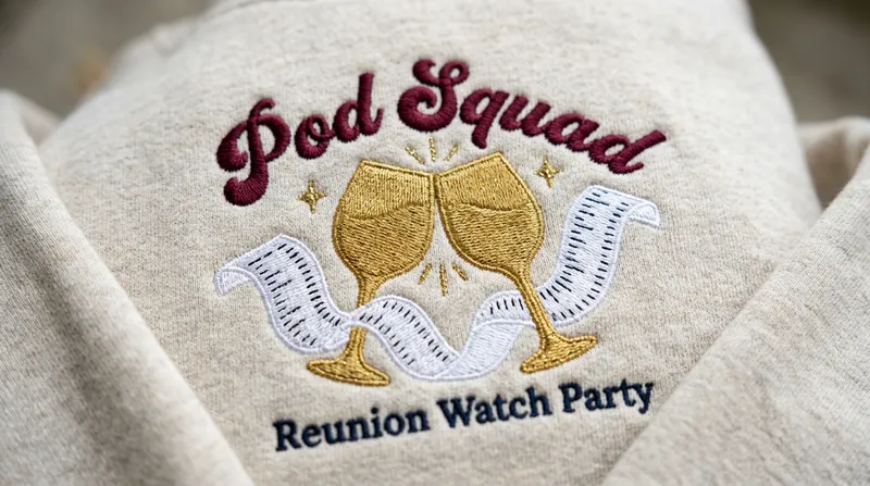 Close up detail of the metallic gold thread and burgundy cursive embroidery on the Pod Squad sweatshirt