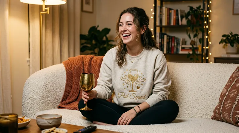 Flat lay of the Golden Goblet Pod Squad sweatshirt surrounded by watch party snacks and a remote control