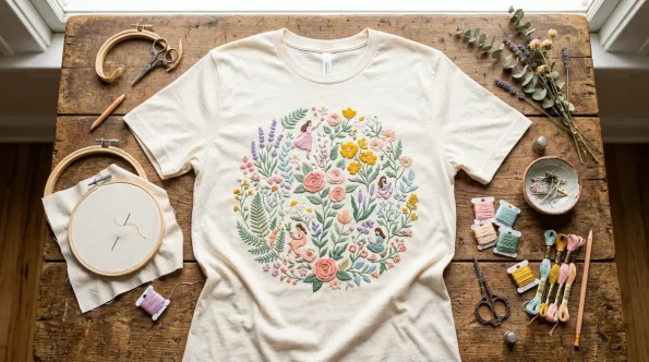 A beautifully embroidered t-shirt surrounded by crafting supplies in a warm pastel setting.
