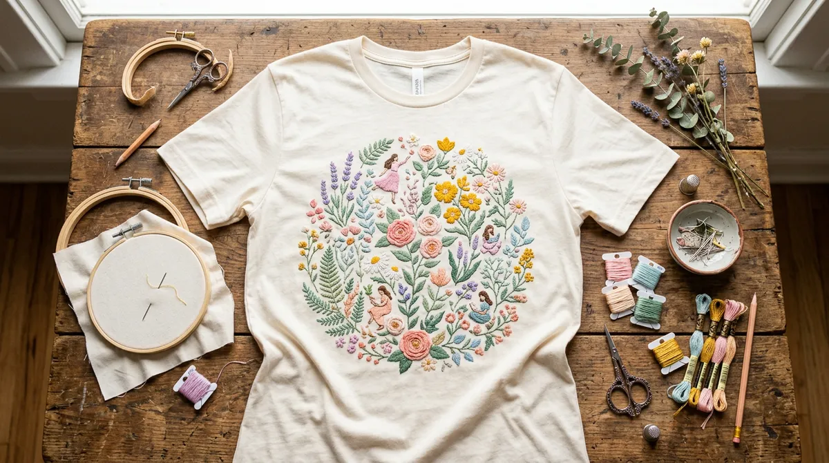 A beautifully embroidered t-shirt surrounded by crafting supplies in a warm pastel setting.