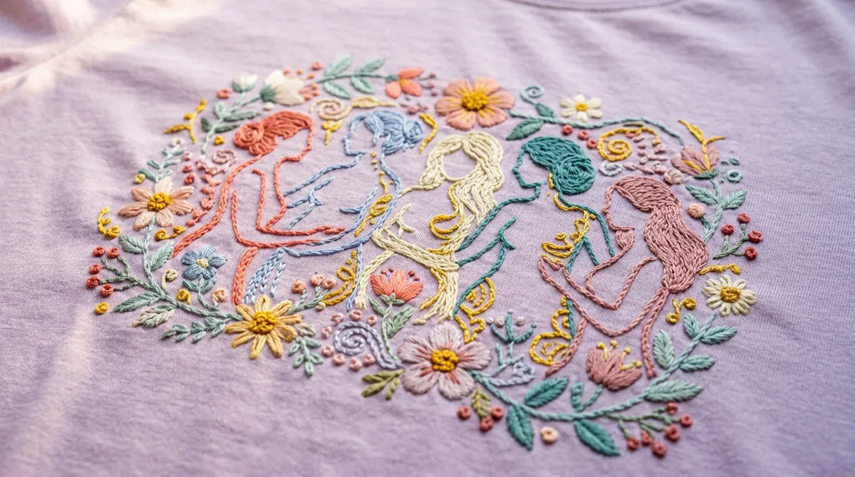 Close-up of an embroidery hoop resting on a soft t-shirt, showcasing a half-finished floral design with a feminist quote