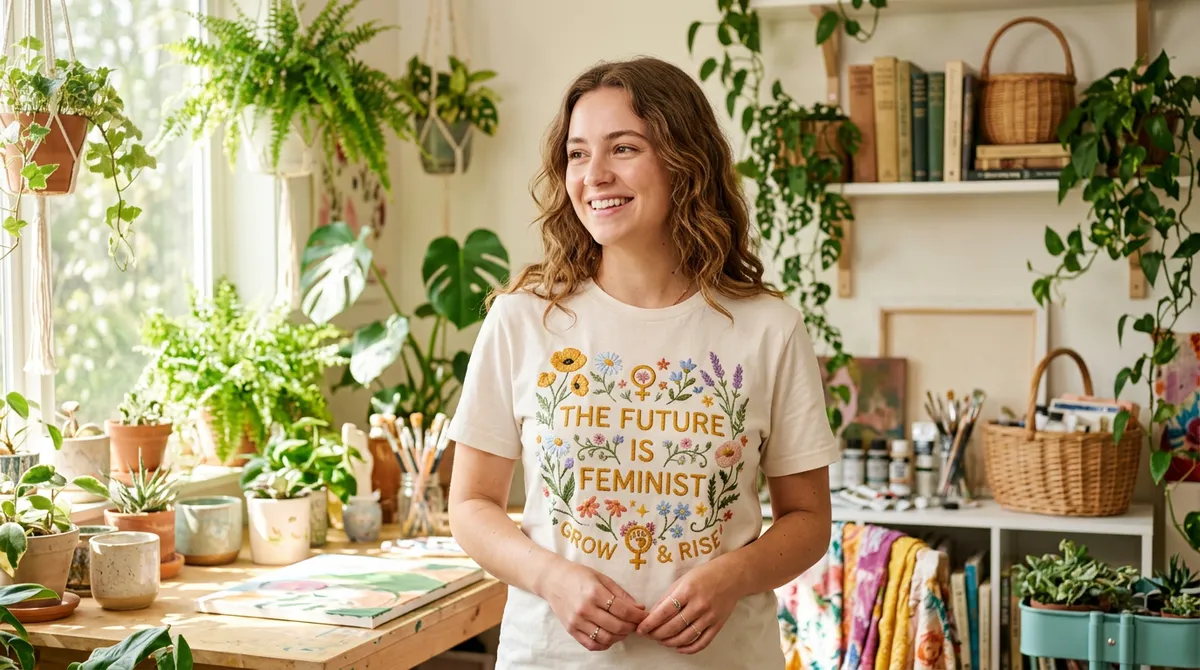 A smiling woman wearing a stylish international womens day embroidered tee paired with a casual blazer and jeans