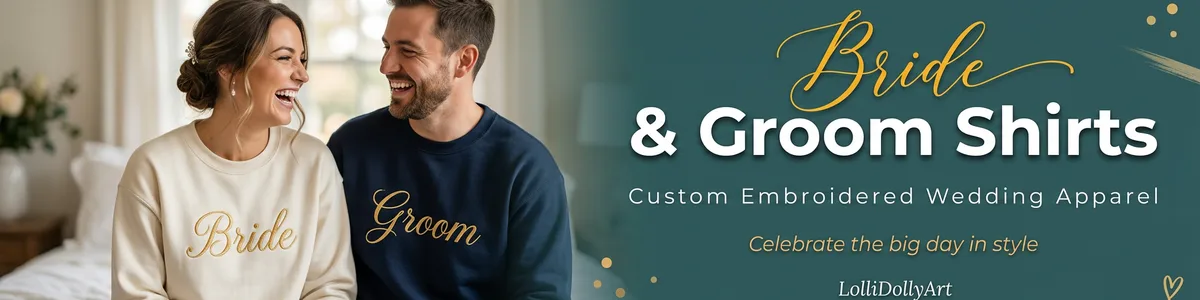 Custom bride and groom shirts with funny matching embroidered designs