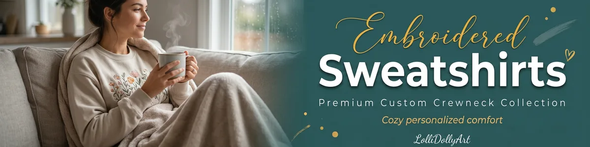 Shop premium custom embroidered sweatshirts featuring personalized floral letters, college apparel, and cottagecore designs at LolliDollyArt.