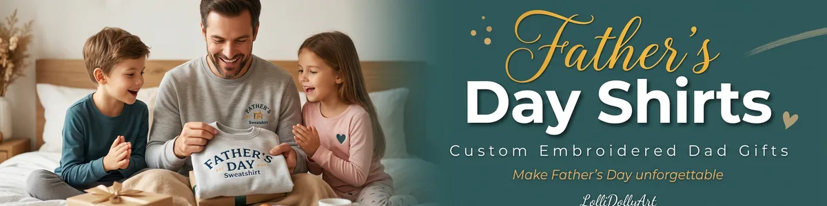 Custom embroidered Father's Day shirts and sweatshirts featuring personalized dad and grandpa designs by LolliDollyArt