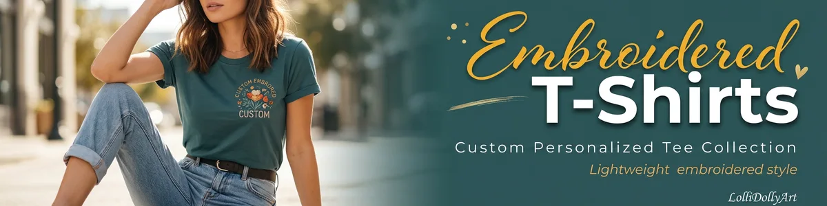 Shop premium custom embroidered t-shirts at LolliDollyArt. Personalize your own unique embroidered apparel and gifts.