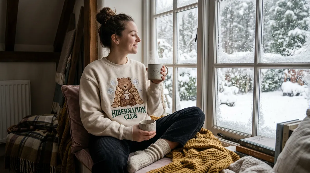 Cozy weather forecast snow storm hibernation club embroidered sweatshirt lifestyle.