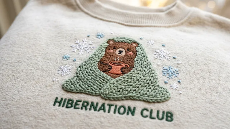 Macro close-up shot showing the intricate raised chain-stitch embroidery of the cozy bear and chunky knit blanket on the sweatshirt