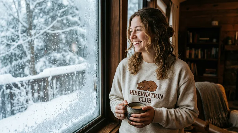 A young woman wearing the Hibernation Club embroidered sweatshirt, sitting on a couch with a hot drink during a snow day