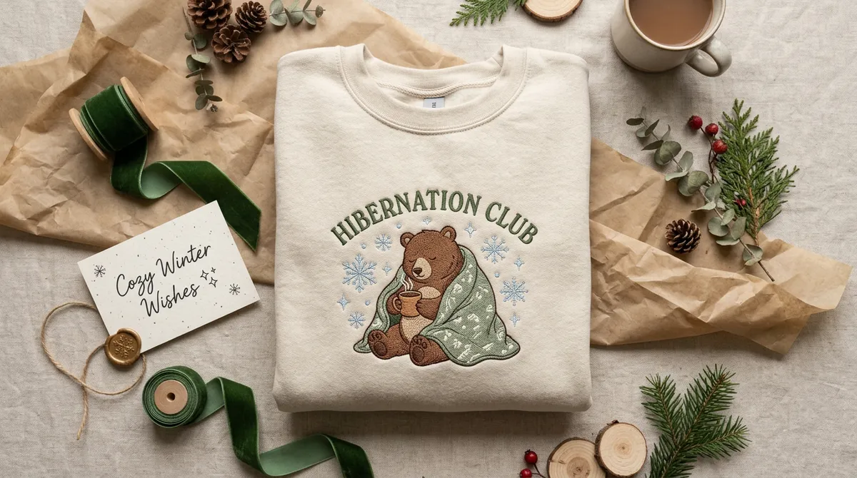 A beautifully styled flat lay featuring the cozy Hibernation Club sweatshirt alongside hot cocoa ingredients, a knit beanie, and a weather radio
