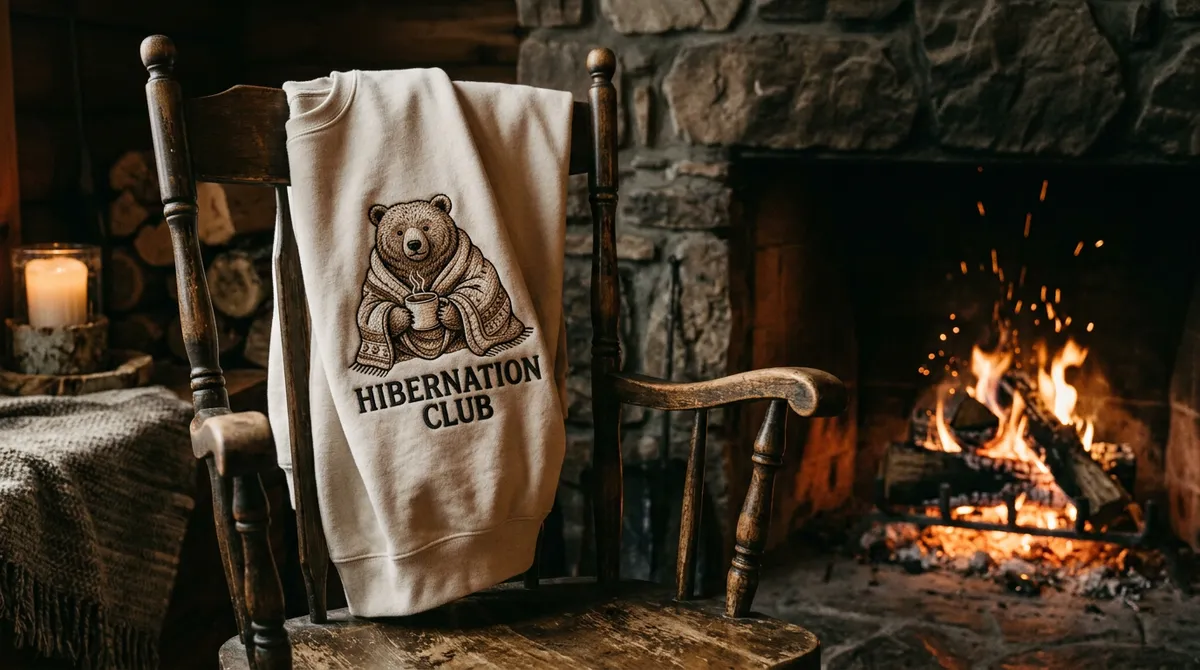 Detail shot of the Hibernation Club sweatshirt folded neatly, showing the thick fleece interior and the vibrant embroidery threads