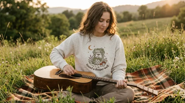 Kacey Musgraves inspired Deeper Well embroidered sweatshirt lifestyle meadow shot.