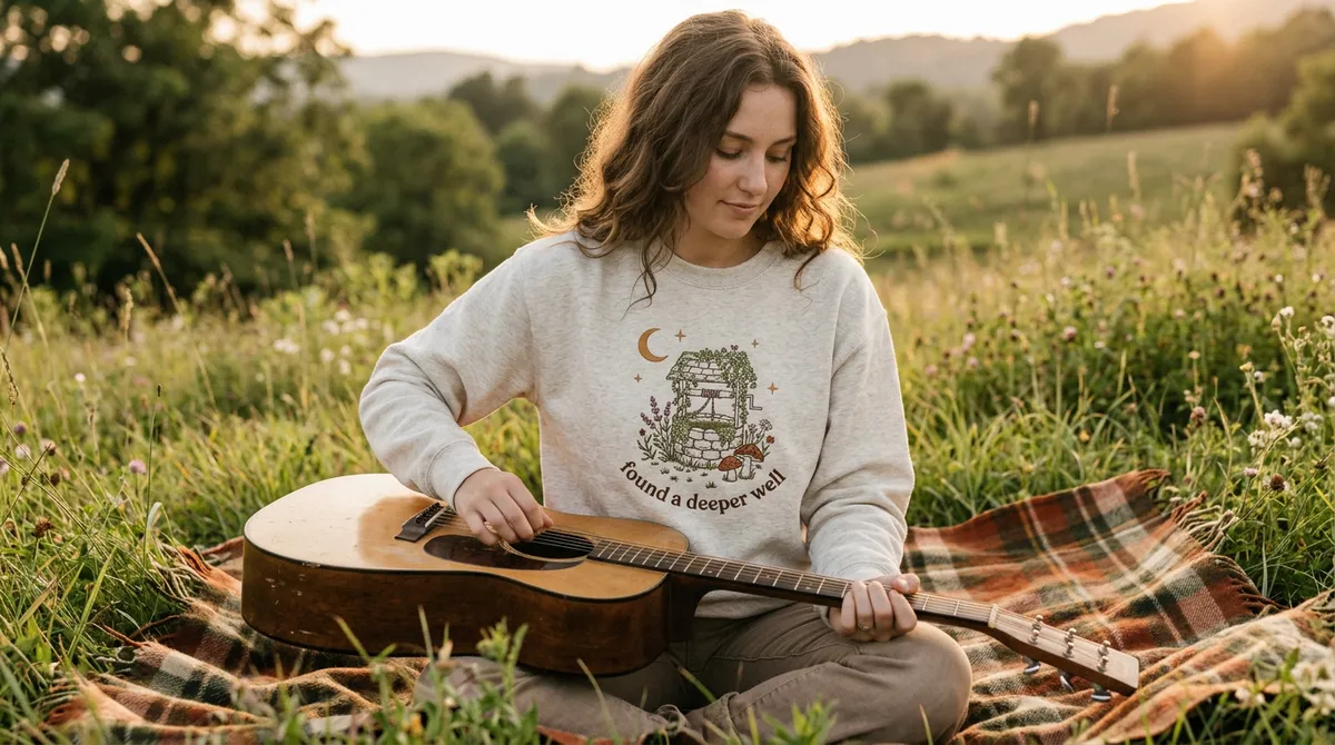 Kacey Musgraves inspired Deeper Well embroidered sweatshirt lifestyle meadow shot.