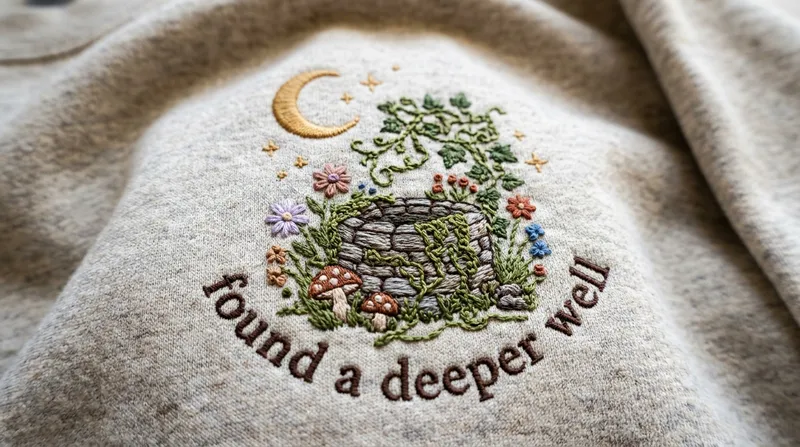 Macro close-up showing the intricate embroidery stitch detail of the stone well and wildflowers