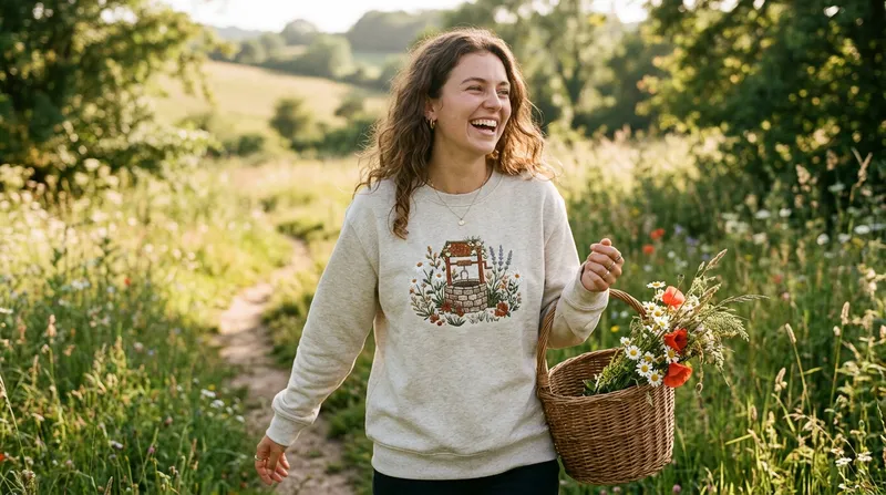 Candid lifestyle shot of a person wearing the Found a Deeper Well embroidered sweatshirt outdoors