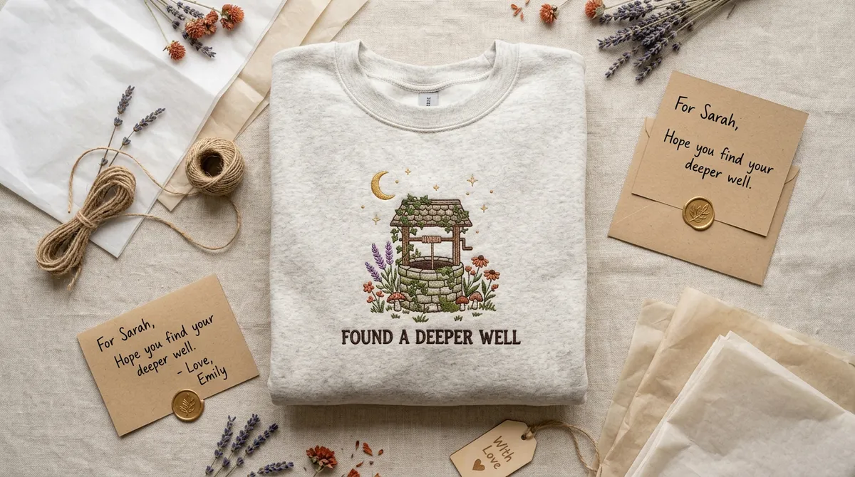 Styled flat lay featuring cottagecore elements, acoustic guitar picks, and custom embroidered apparel