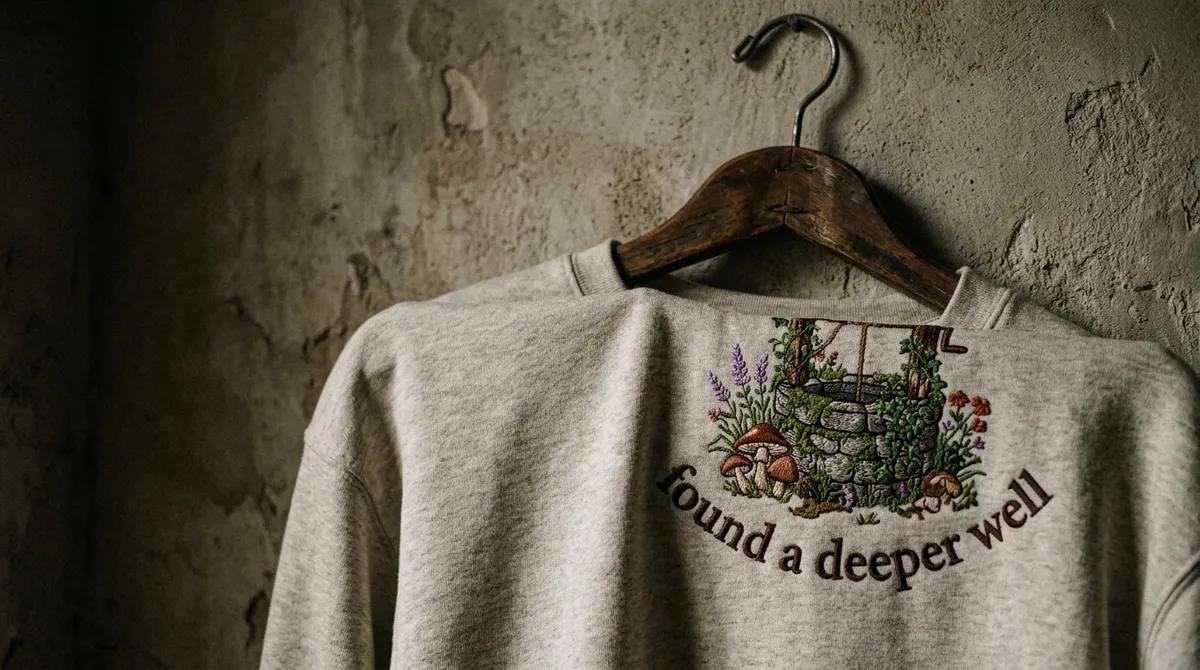 Back view and packaging detail of the custom embroidered sweatshirt concept